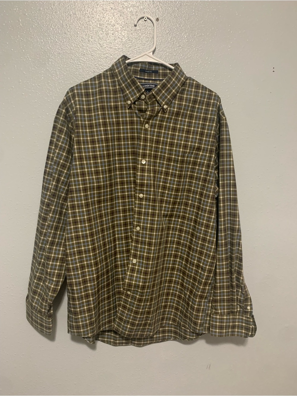 Lands' End Olive and Yellow Plaid Button-Down Shirt